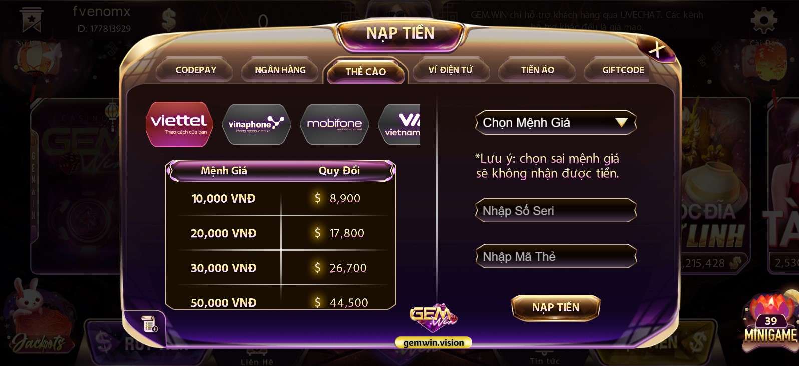Nạp tiền vào Gemwin qua Thẻ cào Nạp tiền vào Gemwin qua Thẻ cào